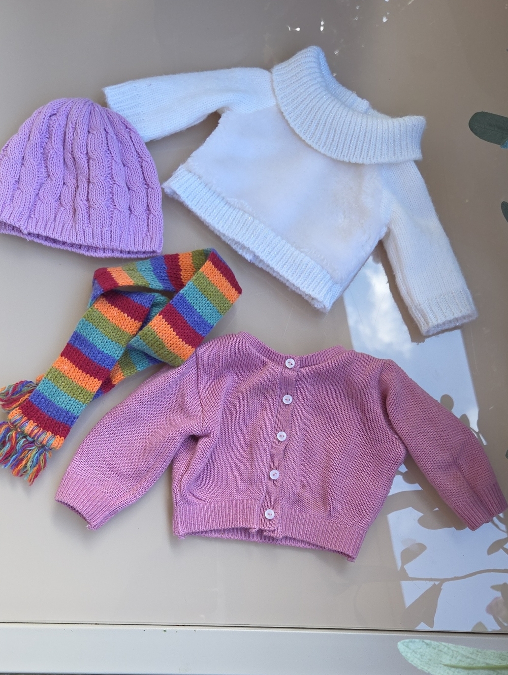 American Girl Pink Cardigan, White Sweater, Purple Hat & Scarf Bundle (4pcs)